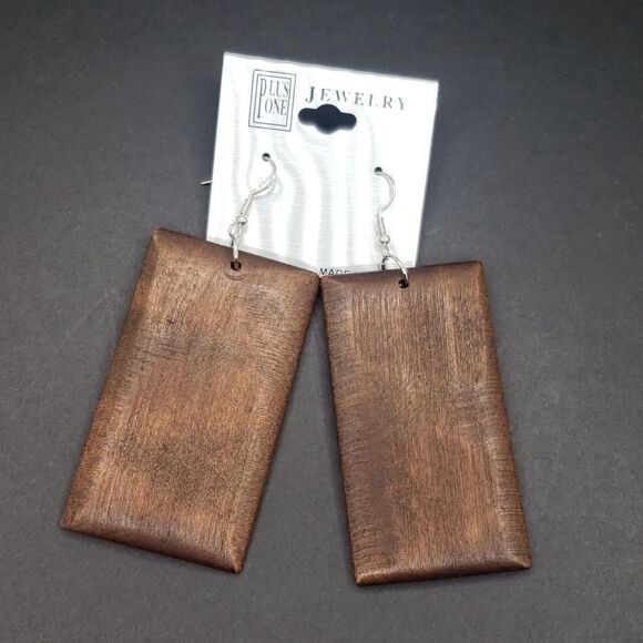 Boho Long Brown Wood Rectangle Block Earrings - Picture 2 of 5